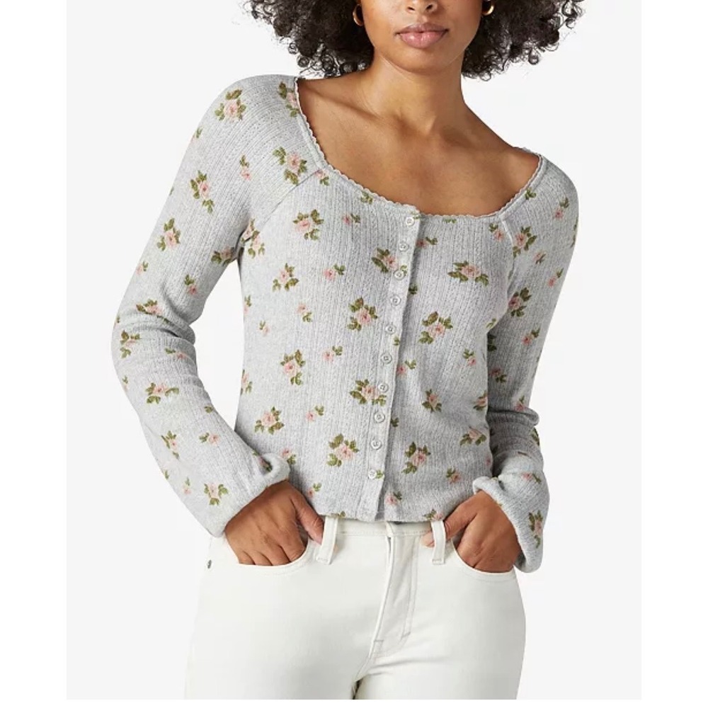 Lucky Brand Womens Gray Floral Pointelle Square Neck Cardigan Top Size M